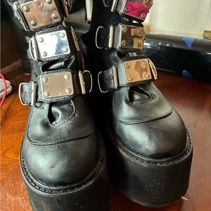 Demonia Swing 105 Platform Ankle Boots Womens Size 7 Black Leather Buckles Goth